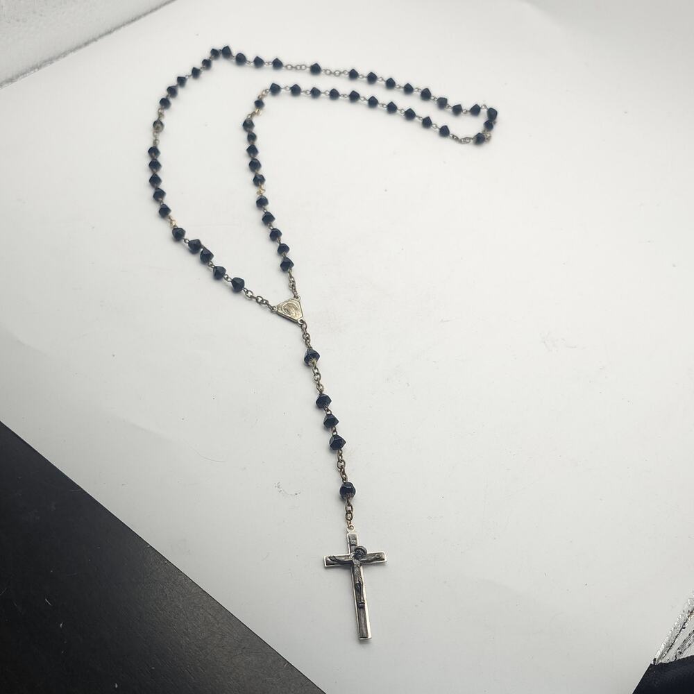 Vintage Black Acrylic Rosary Italy Crucifix Catholic Prayer Beads Religious